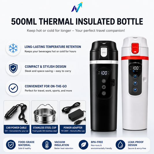 500ML Portable Heating Thermos Bottle – 12V/24V, Boils Water Up to 100°C, Compact, Safe & Multi-Purpose