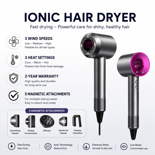 2200W Negative Ion Hair Dryer – Fast Drying, Anti-Frizz & Hair Protection with 5 Styling Nozzles 💨✨