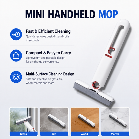Mini Handheld Mop – Premium Plastic Body, Super Absorbent Sponge Head, Size 25x15cm, Multi-Purpose Cleaning for Kitchen Counters, Glass Doors, Floors and More